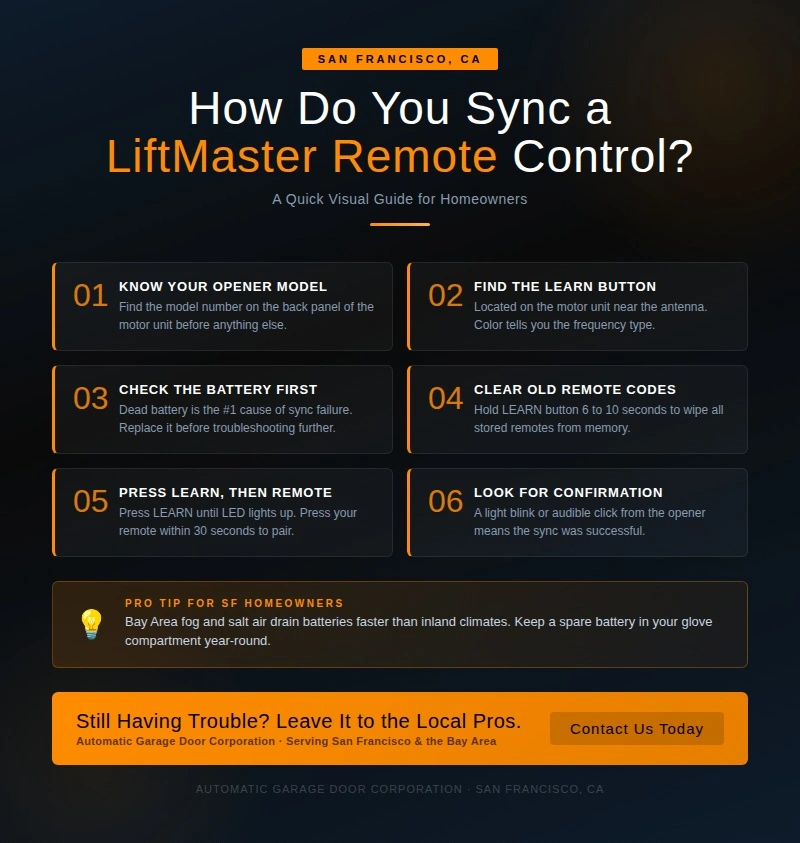 How to sync a LiftMaster remote control step-by-step guide for San Francisco homeowners.