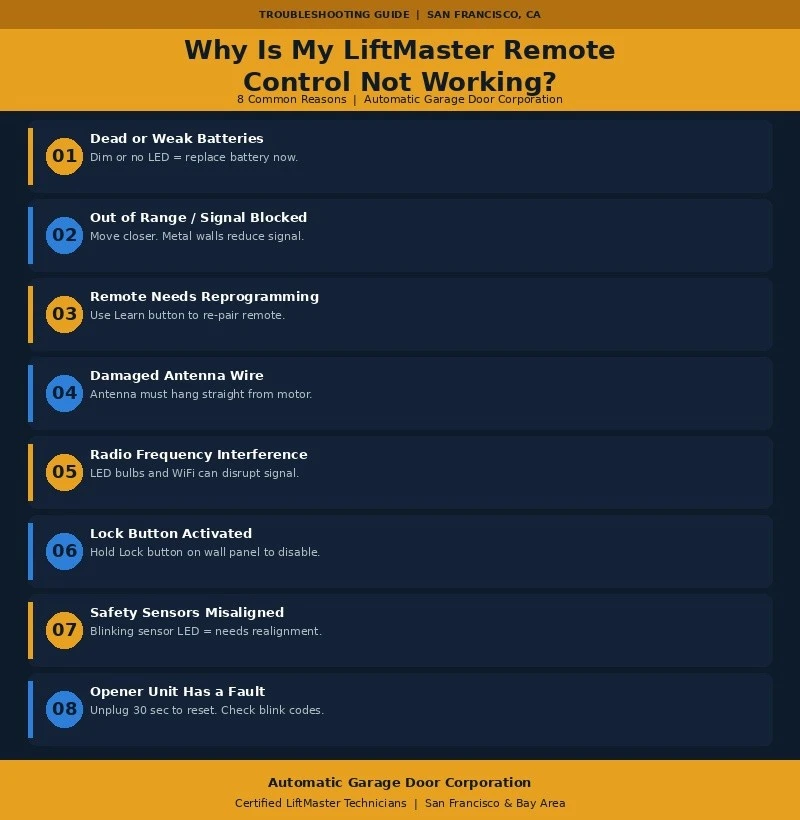 Infographic listing 8 reasons a LiftMaster remote control stops working, with quick fixes for San Francisco homeowners.
